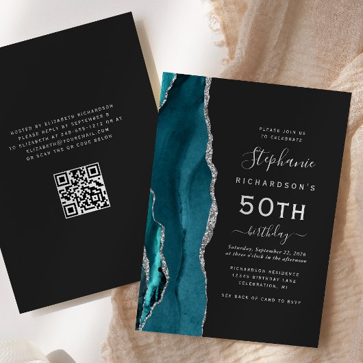Invitation Code QR Agate Bleu Turquoise Argent 50e Anniversai