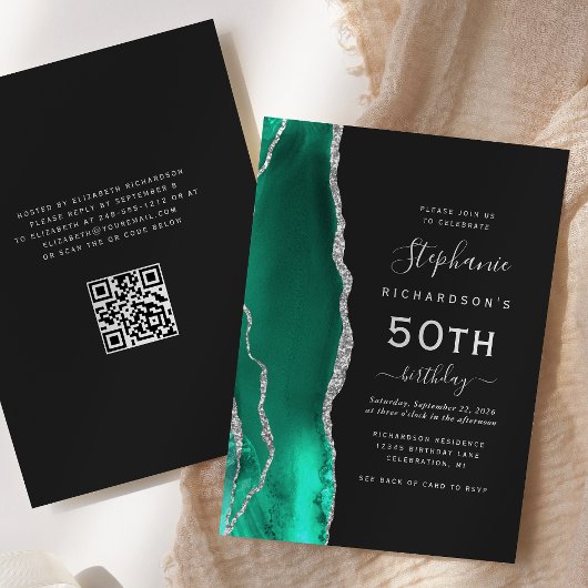 Invitation Code QR Agate Vert Mousse Argent 50e Anniversaire