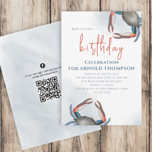 Invitation Code QR Anniversaire Crabe Bleu Aquarelle Réseaux