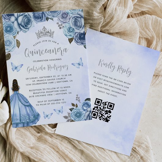 Invitation Code QR aquarelle florale argent bleu Quinceañera