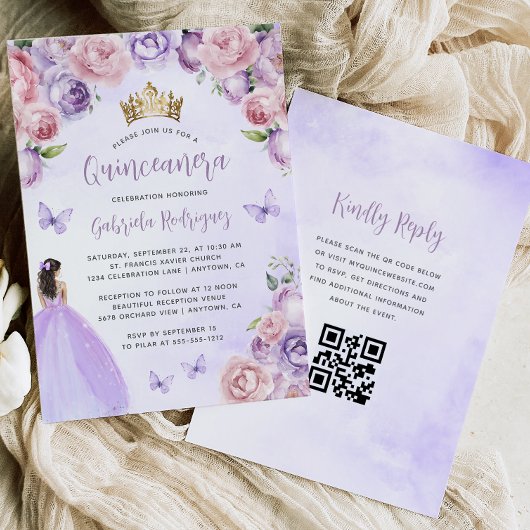 Invitation Code QR aquarelle florale teintée de pourpre pour 