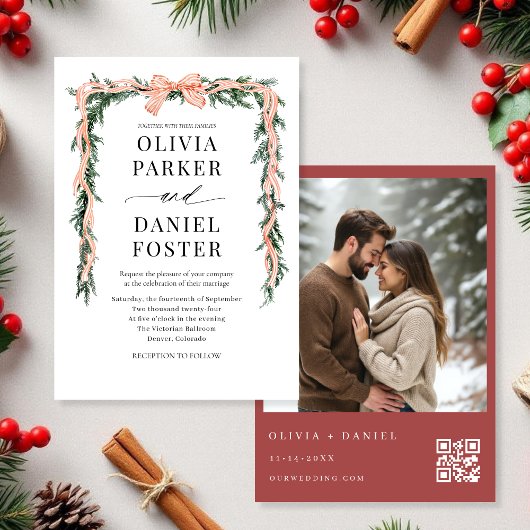 Invitation Code QR aquarelle Photo Ruban Noël Verdure
