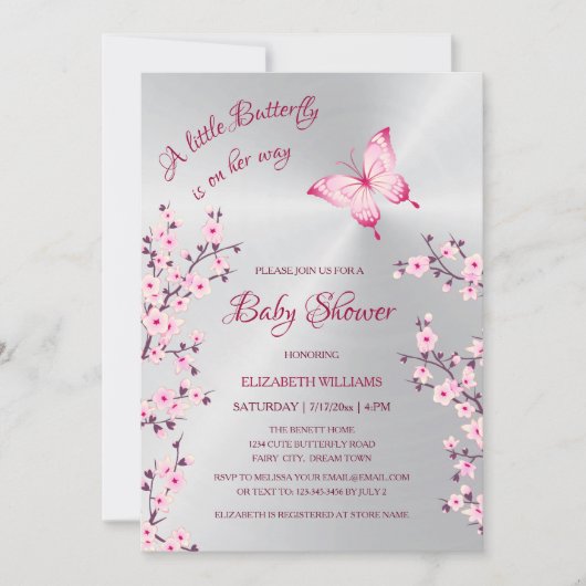 Invitation Code QR | Argent papillon | Baby shower fille (Devant)