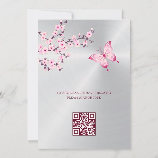 Invitation Code QR | Argent papillon | Baby shower fille (Dos)