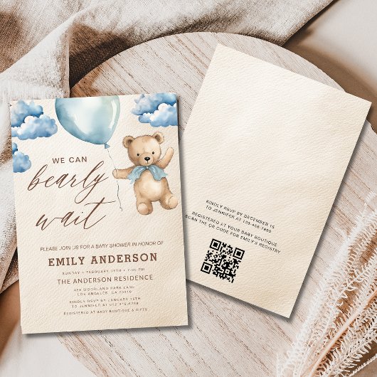 Invitation Code QR Attendez à peine Baby Shower Garçon Bleu