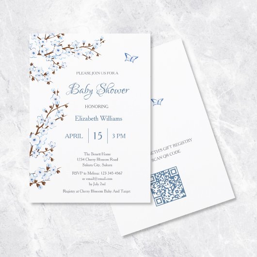 Invitation Code QR | Baby shower de fleurs de cerisiers blanc
