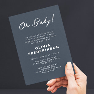 Invitation Code QR Baby Shower Minimaliste Bleu Foncé