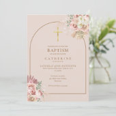 Invitation Code QR baptême fille herbe de Pampas or rose (Debout devant)