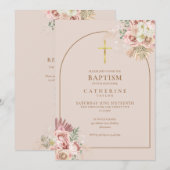 Invitation Code QR baptême fille herbe de Pampas or rose (Devant / Derrière)