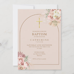 Invitation Code QR baptême fille herbe de Pampas or rose