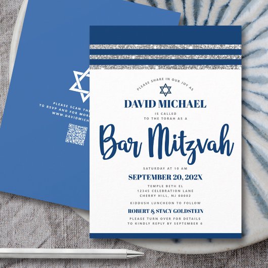 Invitation Code QR Bar Mitzvah Marine Argent Tallit Script Gr