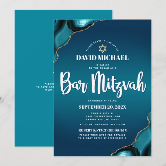 Invitation Code QR Bar Mitzvah Turquoise Ombré Agate Moderne (Devant / Derrière)