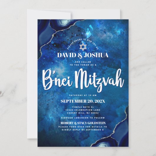 Invitation Code QR Barre Mitzvah Marine Agate bleu Galaxie Sc (Devant)