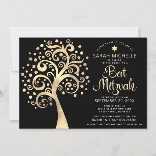 Invitation Code QR Bat mitzvah Black Gold Tree of Life Script (Devant)