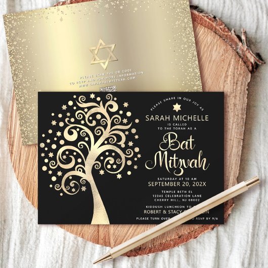 Invitation Code QR Bat Mitzvah Noir Or Arbre de Vie Script