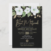 Invitation Code QR Bat Mitzvah Noir Or Floral Script Féminin (Devant)