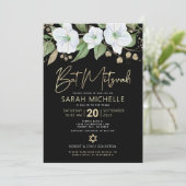 Invitation Code QR Bat Mitzvah Noir Or Floral Script Féminin (Debout devant)
