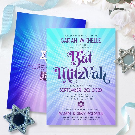 Invitation Code QR Bat Mitzvah Rétro Dégradé Bleu Violet Amus