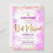 Invitation Code QR Bat Mitzvah Rose Aquarelle Écriture Dorée (Devant)