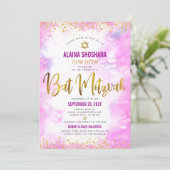 Invitation Code QR Bat Mitzvah Rose Aquarelle Écriture Dorée (Debout devant)