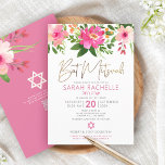 Invitation Code QR Bat mitzvah rose Floral or Script moderne<br><div class="desc">Soyez fier, réjouissez-vous et présentez cette étape importante de votre Bat mitzvah préféré ! Envoyez cette incroyable invitation de code QR personnalisée, moderne et étonnante pour un événement à retenir. Une aquarelle florale chic, étonnante, rose et pêche, avec typographie de scénario de feuille d'or faux, et rose moderne poussiéreux et...</div>