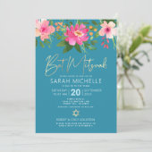Invitation Code QR Bat Mitzvah Turquoise Floral Or Script (Debout devant)