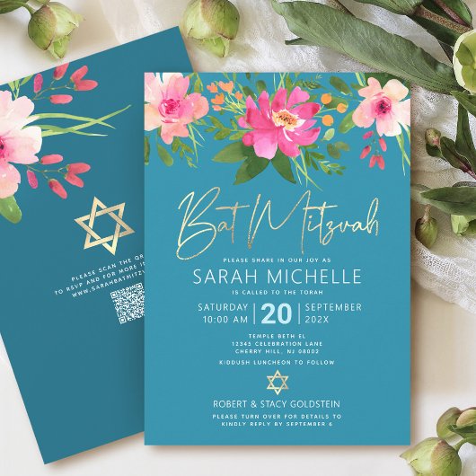 Invitation Code QR Bat Mitzvah Turquoise Floral Or Script