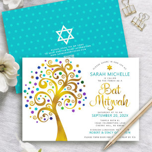 Invitation Code QR Bat Mitzvah Turquoise Or Arbre de Vie