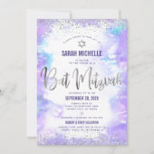Invitation Code QR Bat Mitzvah Violet Aquarelle Feuille d'Arg (Devant)