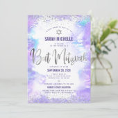 Invitation Code QR Bat Mitzvah Violet Aquarelle Feuille d'Arg (Debout devant)