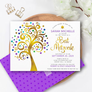 Invitation Code QR Bat Mitzvah Violet Or Arbre de Vie Gras
