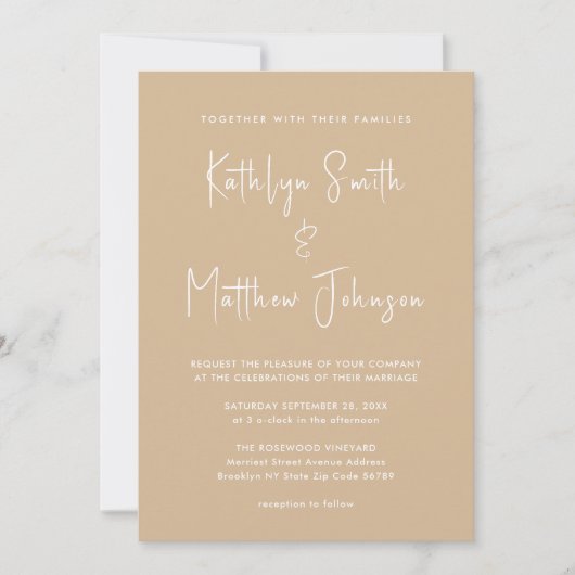 Invitation Code QR Beige Tout en un Mariage de script moderne (Devant)