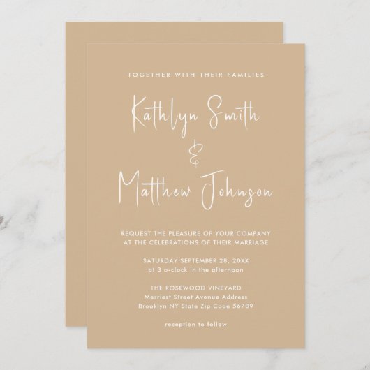 Invitation Code QR Beige Tout en un Mariage de script moderne (Devant / Derrière)
