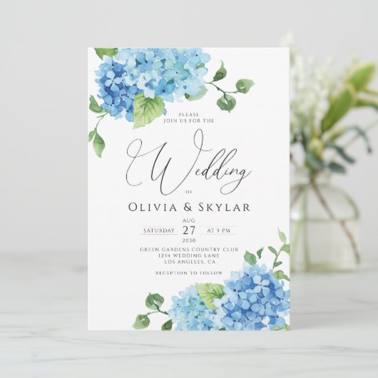 Invitation Code QR bleu clair Hydrangea tout en un Mariage (Debout devant)