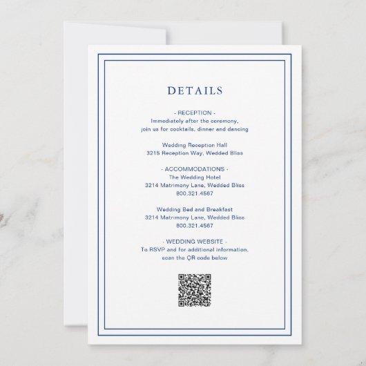 Invitation Code QR Bleu de la marine classique Mariage élégan (Dos)