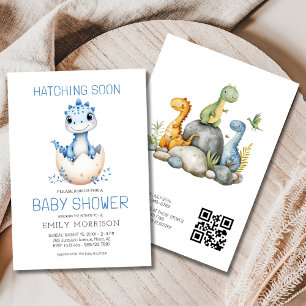 Invitation Code QR bleu Dinosaur Hatching Bientôt Baby shower