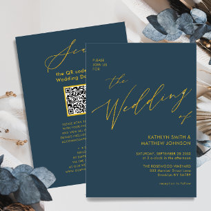 Invitation Code QR bleu Dusty tout en un Mariage de script or