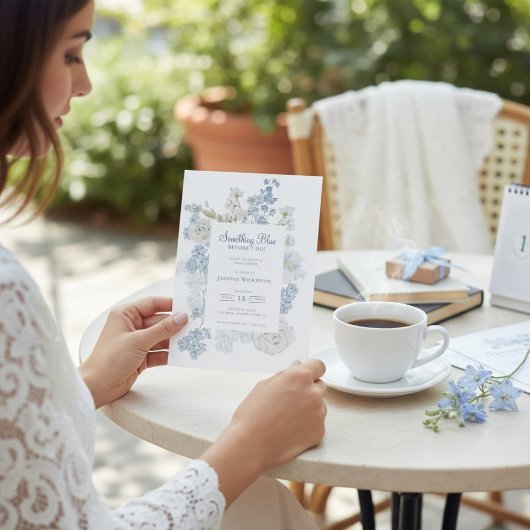 Invitation code QR Blue Floral "Something Blue" Réception de