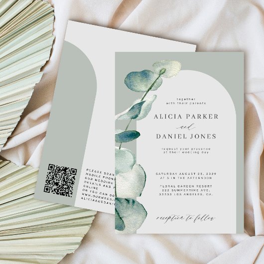 Invitation Code QR boho sauge arche verte eucalyptus mariage