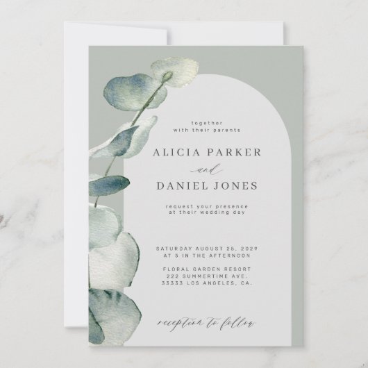 Invitation Code QR boho sauge arche verte eucalyptus mariage (Devant)