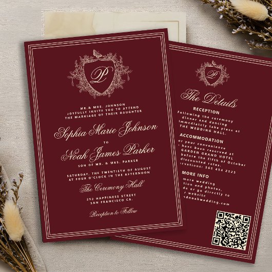 Invitation Code QR bordeaux classique monogramme mariage form