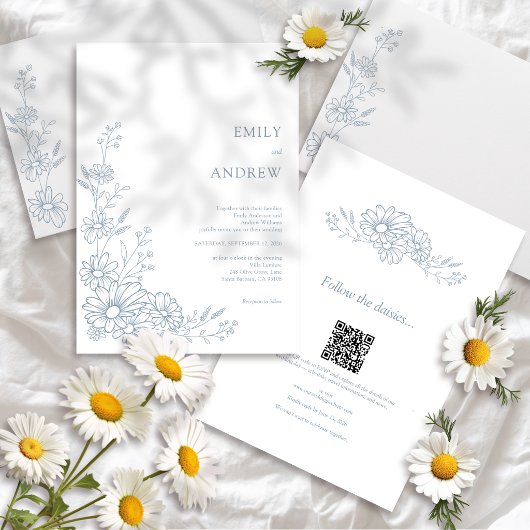 Invitation Code QR Botanique Bleu Tout En Un Mariage