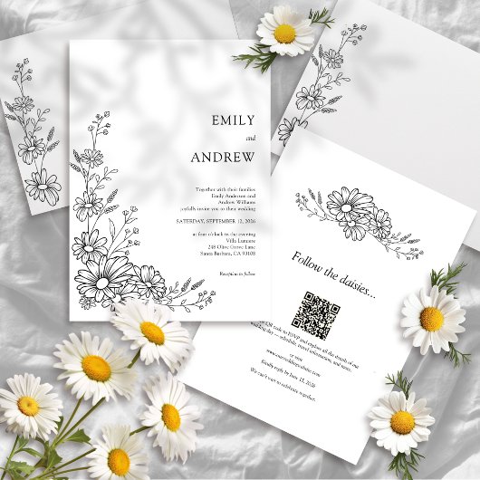 Invitation Code QR Botanique Noir Blanc Tout En Un Mariage