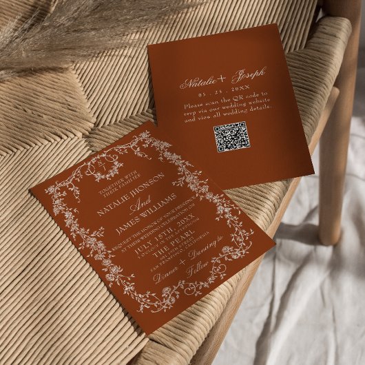 Invitation Code QR Botanique Orange Brûlé Floral Mariage