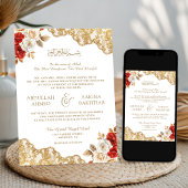 Invitation Code QR Broderie dorée Fleurs d'ivoire rouges Mari