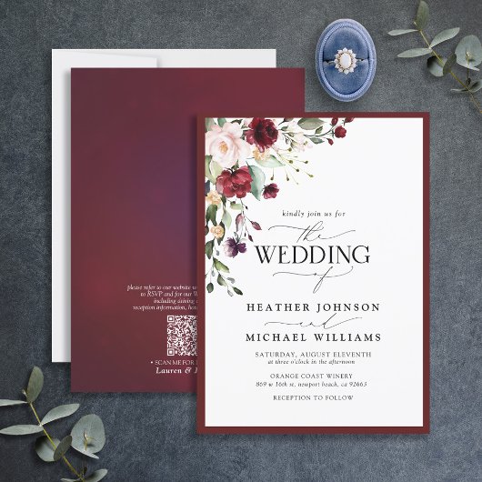 Invitation Code QR Burgundy Blush Floral Aquarelle Script