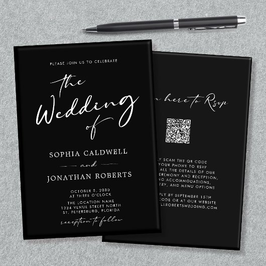 Invitation Code QR Calligraphie RSVP Mariage noir et blanc I