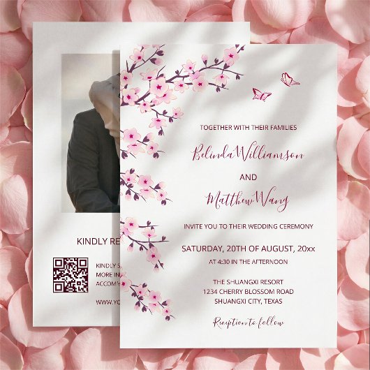 Invitation Code QR | Cerisiers en Fleurs Mariage Rose Blanc