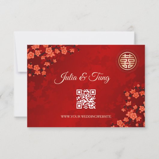 Invitation Code QR | Cherry Blossom Red RSVP Mariage chinois (Dos)