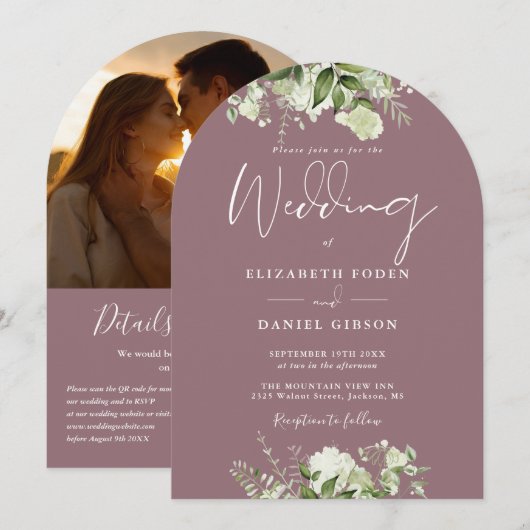 Invitation Code QR Chic Mauve Verdure Photo Arche Mariage (Devant / Derrière)